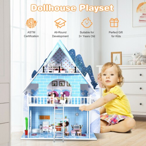 Wooden Dollhouse 3-Story Pretend Playset W/ Furniture & Doll Gift for Age 3+ Year Perspective: right