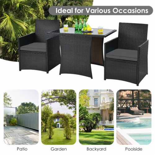 3PCS Patio Wicker Bistro Set PE Rattan Dining Table Set w/ Grey Cushions Perspective: right