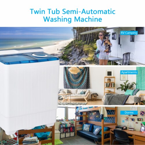 Portable Semi-automatic Washing Machine 26 lbs Twin Tub Laundry Washer Blue Perspective: right