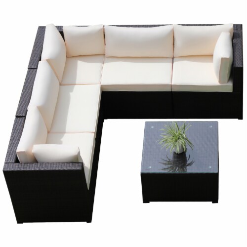 6PCS Rattan Patio Sectional Sofa Conversation Set Outdoor w Beige