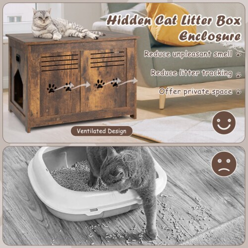 Wooden Cat Litter Box Enclosure Flip-Top Hidden Washroom Bench w/ Side Entrance Perspective: right