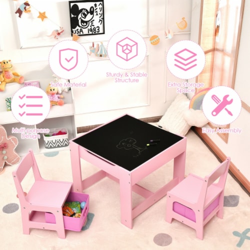 3 in 1 Kids Wood Table Chairs Set w/ Storage Box Blackboard Drawing Pink Perspective: right