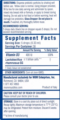 Mommy's Bliss Probiotic Drops + Vitamin D Liquid Dietary Supplement Perspective: right
