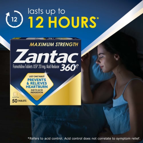 Zantac 360 Maximum Strength Famotidine Acid Reducer Tablets 20mg Perspective: right