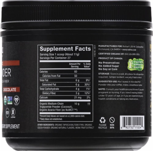 Nutiva MCT Powder with Prebiotic Acacia Fiber Chocolate Dietary Supplement Perspective: right