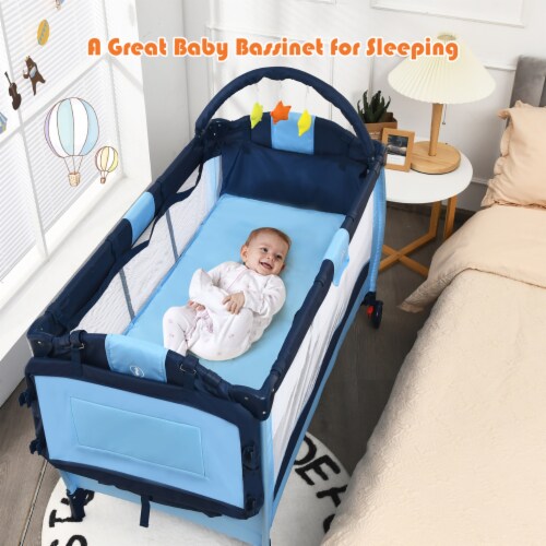 Blue Baby Crib Playpen Playard Pack Travel Infant Bassinet Bed Foldable Perspective: right