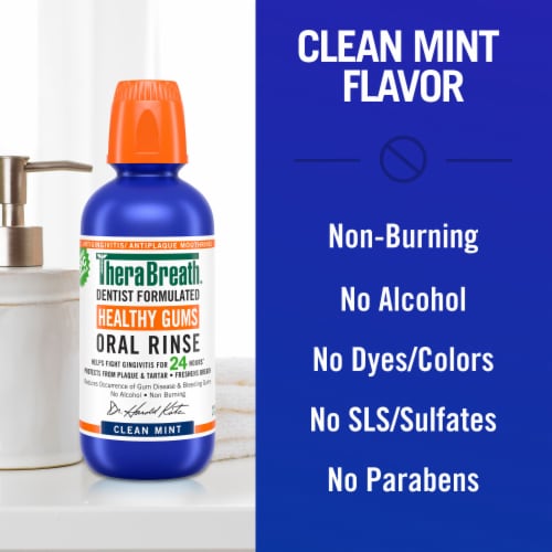 TheraBreath Healthy Gums Mouthwash Travel Size Clean Mint Antigingivitis Alcohol-Free Perspective: right