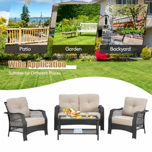 Costway 4PCS Patio Wicker Furniture Set Loveseat Sofa Coffee Table W/ Cushion Perspective: right