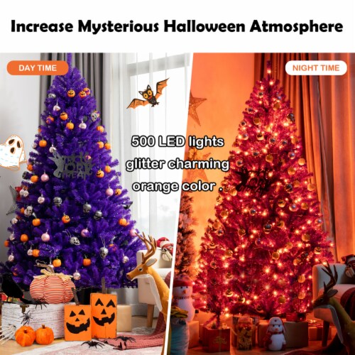 Costway 7ft Prelit Purple Halloween Christmas Tree w/ Orange Lights