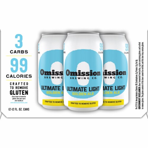 Omission Brewing Co. Ultimate Light Golden Ale Beer Cans Perspective: right