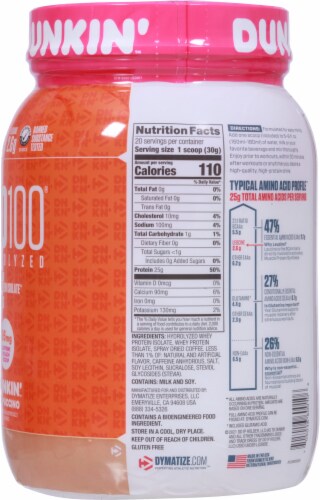 Dymatize ISO 100 Dunkin' Cappuccino Flavor Hydrolyzed Protein Powder Perspective: right