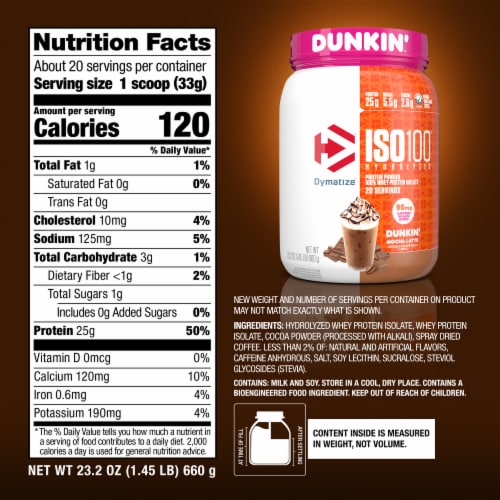 Dymatize® Dunkin™ Mocha Latte ISO 100® Hydrolyzed Protein Powder Perspective: right