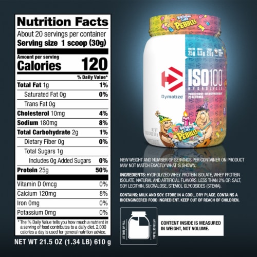 Dymatize® ISO 100® Hydrolyzed Birthday Cake Pebbles™ Protein Powder Perspective: right