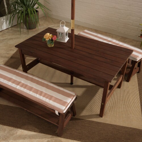KidKraft Outdoor Children's Table & Bench Set w/ Cushions & Umbrella-Oatmeal & White Stripes Perspective: right