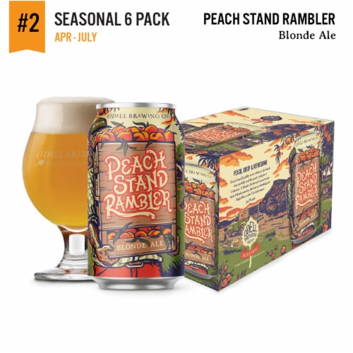 Odell Brewing Co. Peach Stand Rambler Seasonal Blonde Ale Craft Beer Cans Perspective: right