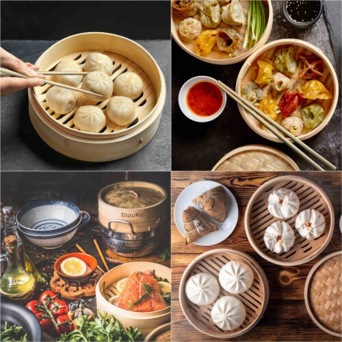Bamboo Steamer Basket 10 Inch with 2 Pairs Chopsticks, Tongs and 50 Paper Liners Perspective: right