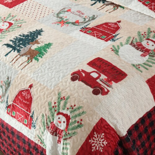 MarCielo 3 Piece Christmas Velvet Quilt Bedspread Set Snowman King Perspective: right