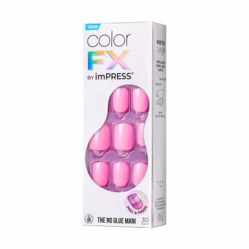 KISS imPRESS No Glue Mani Press On Nails, Color FX, Late Night, Pink, Short Squoval, 30 ct Perspective: right