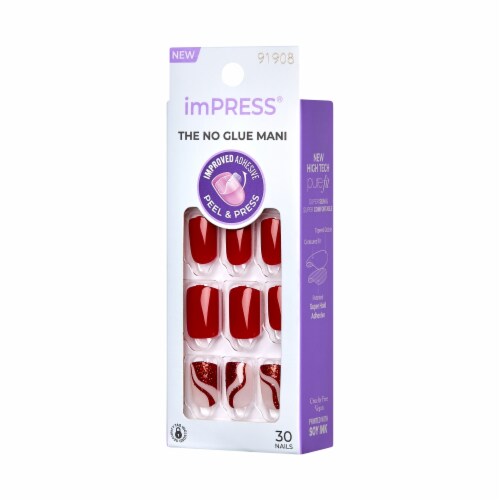 KISS imPRESS No Glue Mani Press On Nails, Mini, Endlessly, Red, Short Squoval, 30 ct Perspective: right