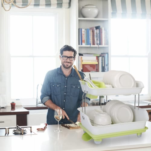 2 Tier Dish Drying Rack Stainless Steel Green And White Kitchen Organizer 16.5In 1 unit King Soopers