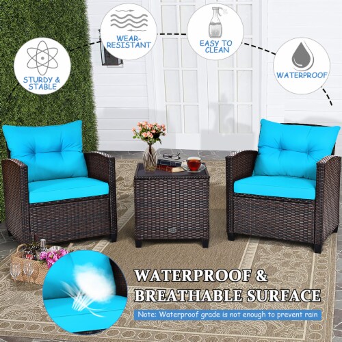 Costway 3PCS Patio Rattan Furniture Set Cushioned Conversation Set Sofa Turquoise Perspective: right