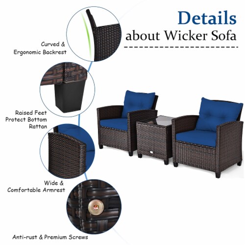 Costway 3PCS Patio Rattan Furniture Set Cushioned Conversation Set Coffee Table Navy Perspective: right
