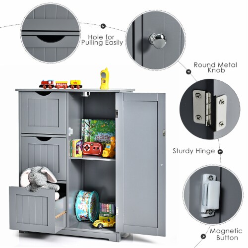 Costway Bathroom Floor Cabinet Side Storage Cabinet with 3 Drawers and 1 Cupboard Grey Perspective: right