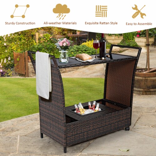 Costway Patio Rattan Bar Serving Cart Wheels Ice Bucket Glass Top
