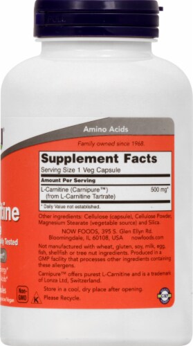 NOW Foods L-Carnitine Veg Capsules 500mg Perspective: right