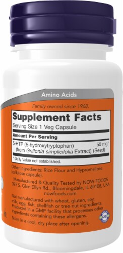 NOW® Foods 5-HTP Neurotransmitter Support Dietary Supplement Veg Capsules 50mg Perspective: right