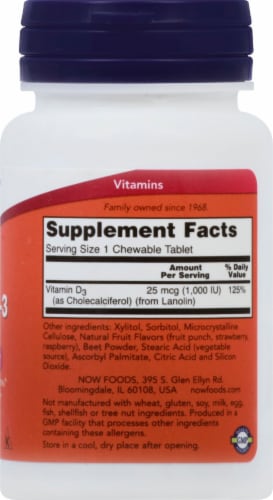 NOW Foods Vitamin D-3 Chewable Natural Fruit Flavor Tablets 1000IU Perspective: right