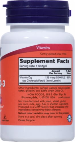 NOW® Foods Vitamin D3 Softgels 5000 IU Perspective: right