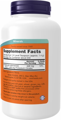 NOW® Potassium Citrate Essential Mineral Dietary Supplement Pure Powder Perspective: right