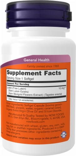 NOW Foods Lutein Eye Health Dietary Supplement Softgels 10mg Perspective: right