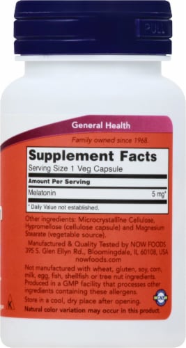 NOW Foods Melatonin 5mg Capsules Perspective: right