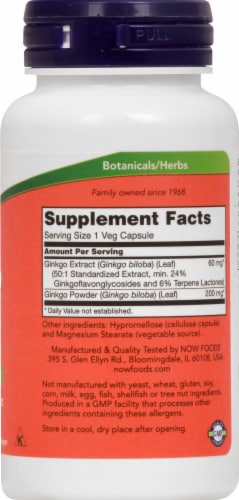NOW Foods Gingko Biloba Brain Health Dietary Supplement Veg Capsules 60mg Perspective: right