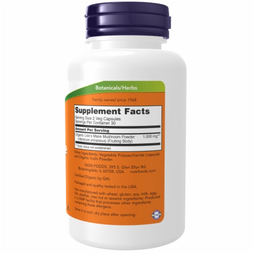 NOW® Foods Lion's Mane 500 mg - 60 Veg Capsules Perspective: right