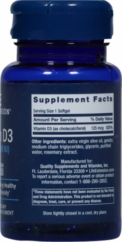 Life Extension Vitamin D3 Softgels 125mcg Perspective: right