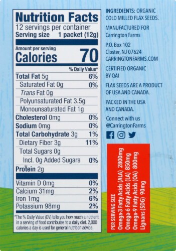 Carrington Farms  Organic Milled Flax Seed Paks Gluten Free 12 Count Perspective: right