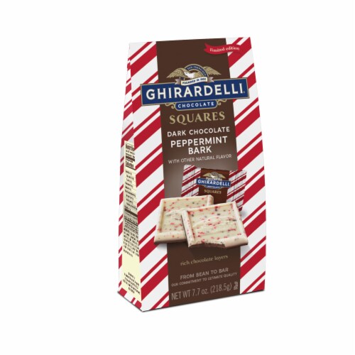 Ghirardelli® Dark Chocolate Peppermint Bark Squares Holiday Candy Bag Perspective: right