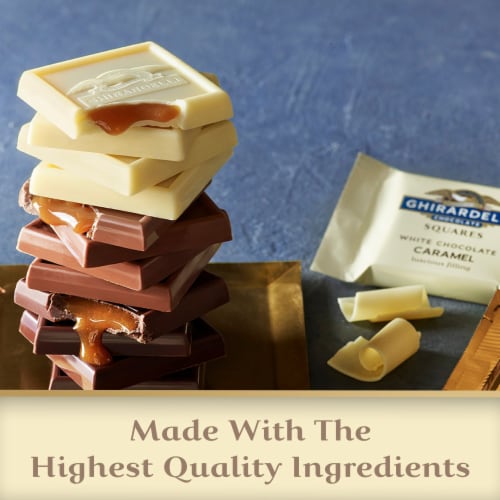 Ghirardelli® White Chocolate Squares with Caramel Filling Holiday Candy Bag Perspective: right