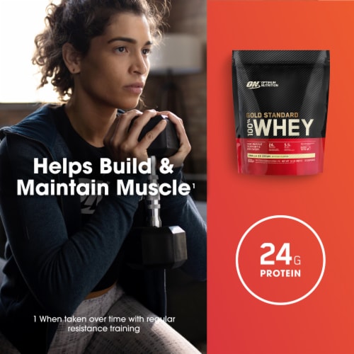Optimum Nutrition Gold Standard Whey Vanilla Ice Cream Protein Powder Perspective: right