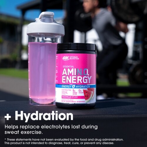 Optimum Nutrition Amino Energy Plus Electrolytes Watermelon Splash Energy Drink Pre Workout Powder Perspective: right