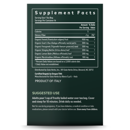 Gaia Herbs Organic Lactation Support Caffeine Free Tea Bags Perspective: right