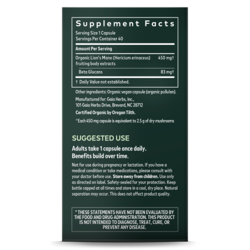 Gaia Herbs Lion's Mane Mushroom Brain and Nerve Support Supplements Perspective: right