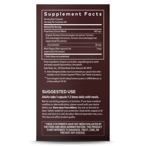 Gaia Herbs® Extra Strength Turmeric Supreme® Vegan Lquid Phyto-Caps® Herbal Supplement Perspective: right