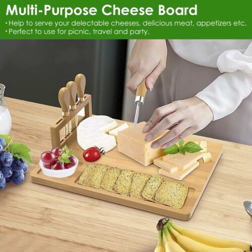 Bamboo Cheese Board Charcuterie Cheese Platter Board Serving Tray with Cutlery Set for Perspective: right