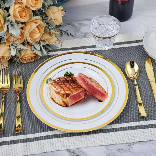 175Pcs Disposable Gold Dinnerware Set Gold Rim Plastic Plates Cups Fork Spoon Knife Paper Na 1 unit QFC