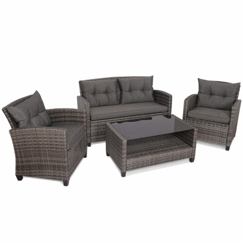4PC Rattan Patio Conversation Set Cushioned Outdoor Furniture Set
