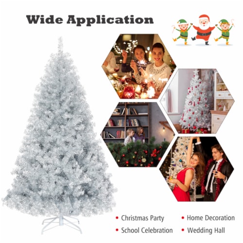 6 FT Silver Tinsel Christmas Tree Artificial Hinged Tree Holiday Decoration Perspective: right